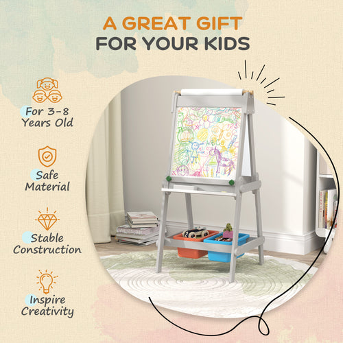 Easel for Kids, Art Easel w/ Paper Roll, Double Sided Whiteboard & Chalkboard with 2 Storage Boxes