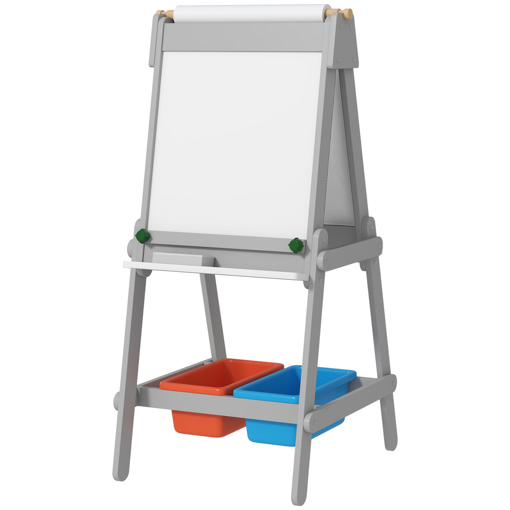 Easel for Kids, Art Easel w/ Paper Roll, Double Sided Whiteboard & Chalkboard with 2 Storage Boxes