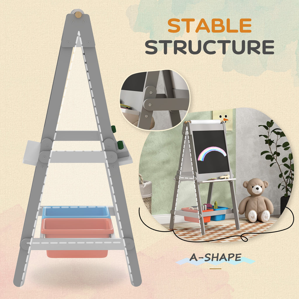 Easel for Kids, Art Easel w/ Paper Roll, Double Sided Whiteboard & Chalkboard with 2 Storage Boxes