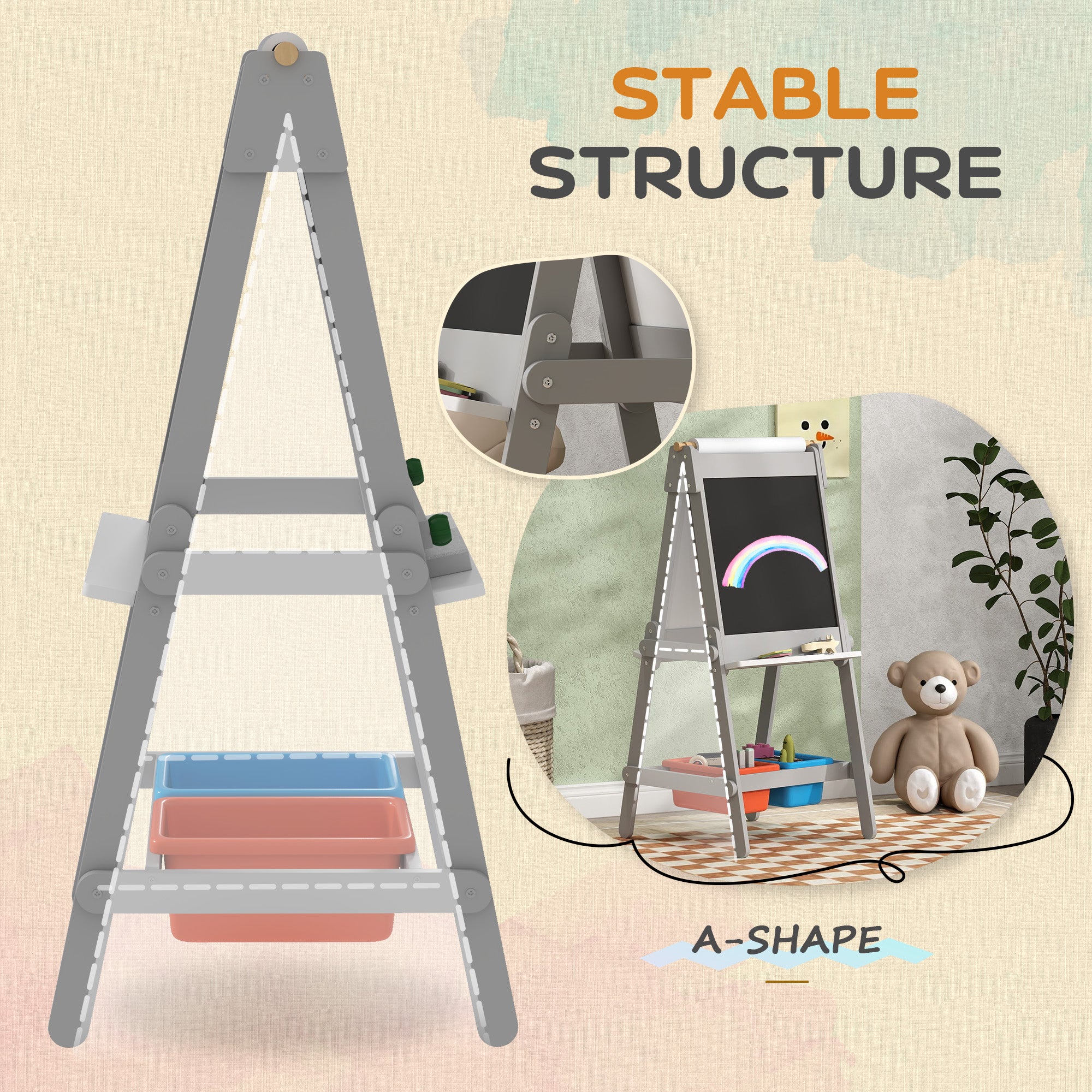 Easel for Kids, Art Easel w/ Paper Roll, Double Sided Whiteboard & Chalkboard with 2 Storage Boxes
