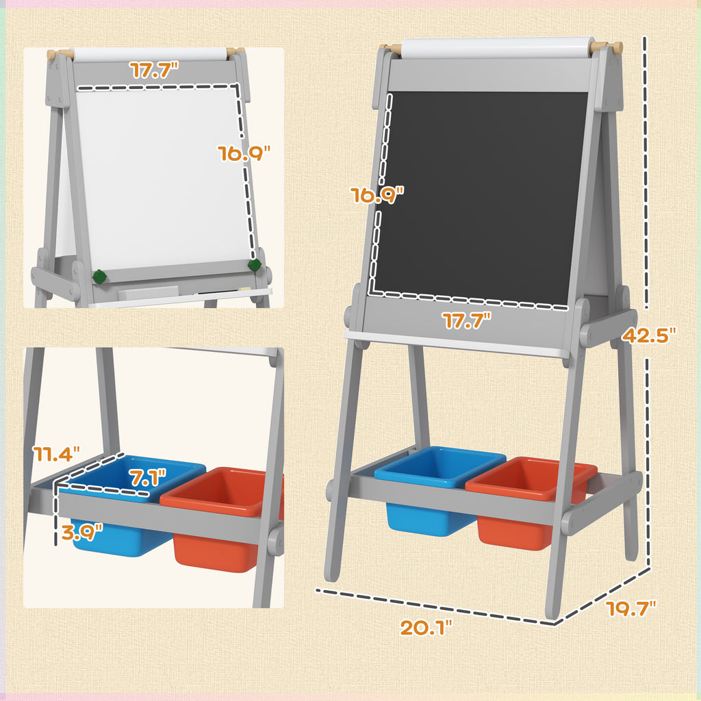 Easel for Kids, Art Easel w/ Paper Roll, Double Sided Whiteboard & Chalkboard with 2 Storage Boxes