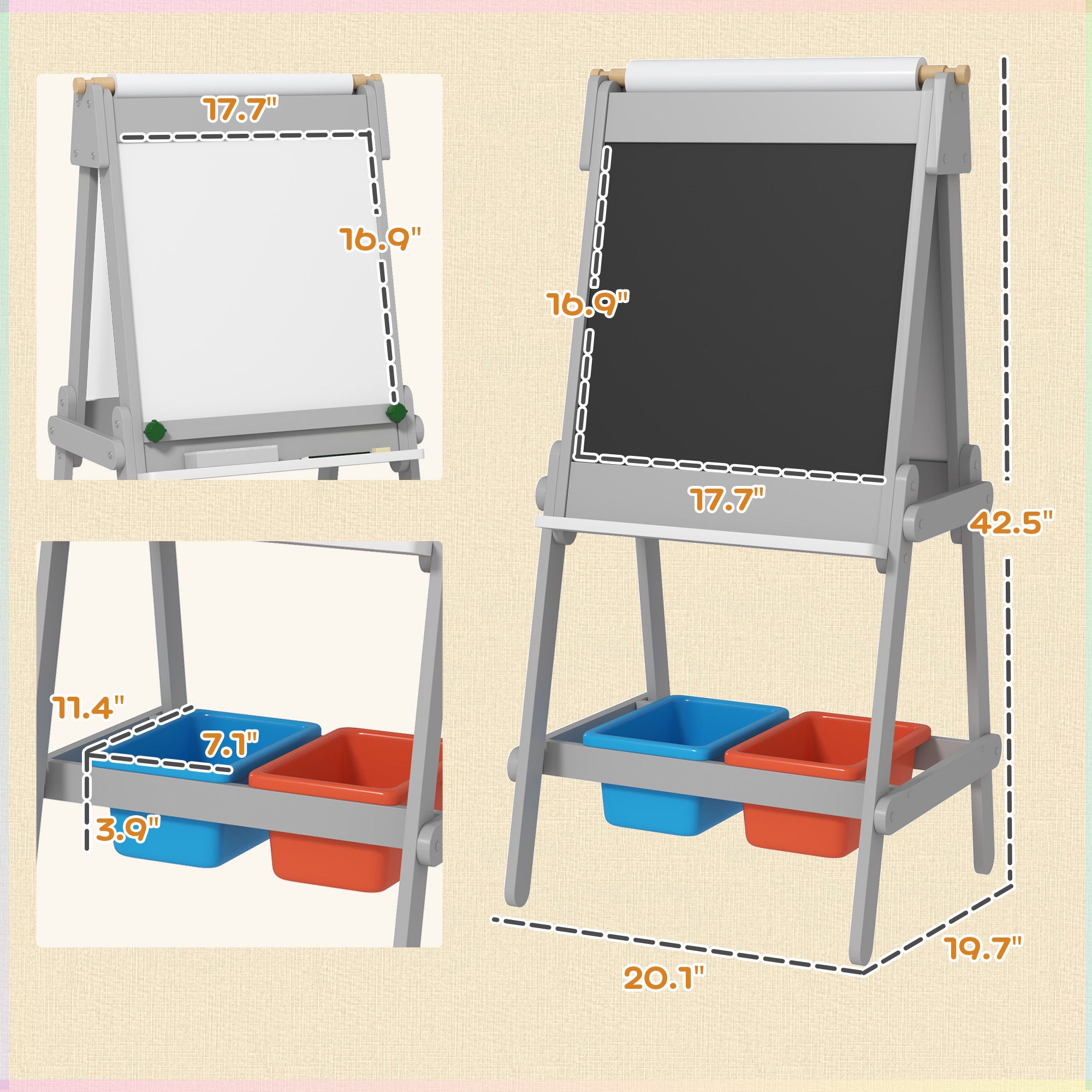 Easel for Kids, Art Easel w/ Paper Roll, Double Sided Whiteboard & Chalkboard with 2 Storage Boxes