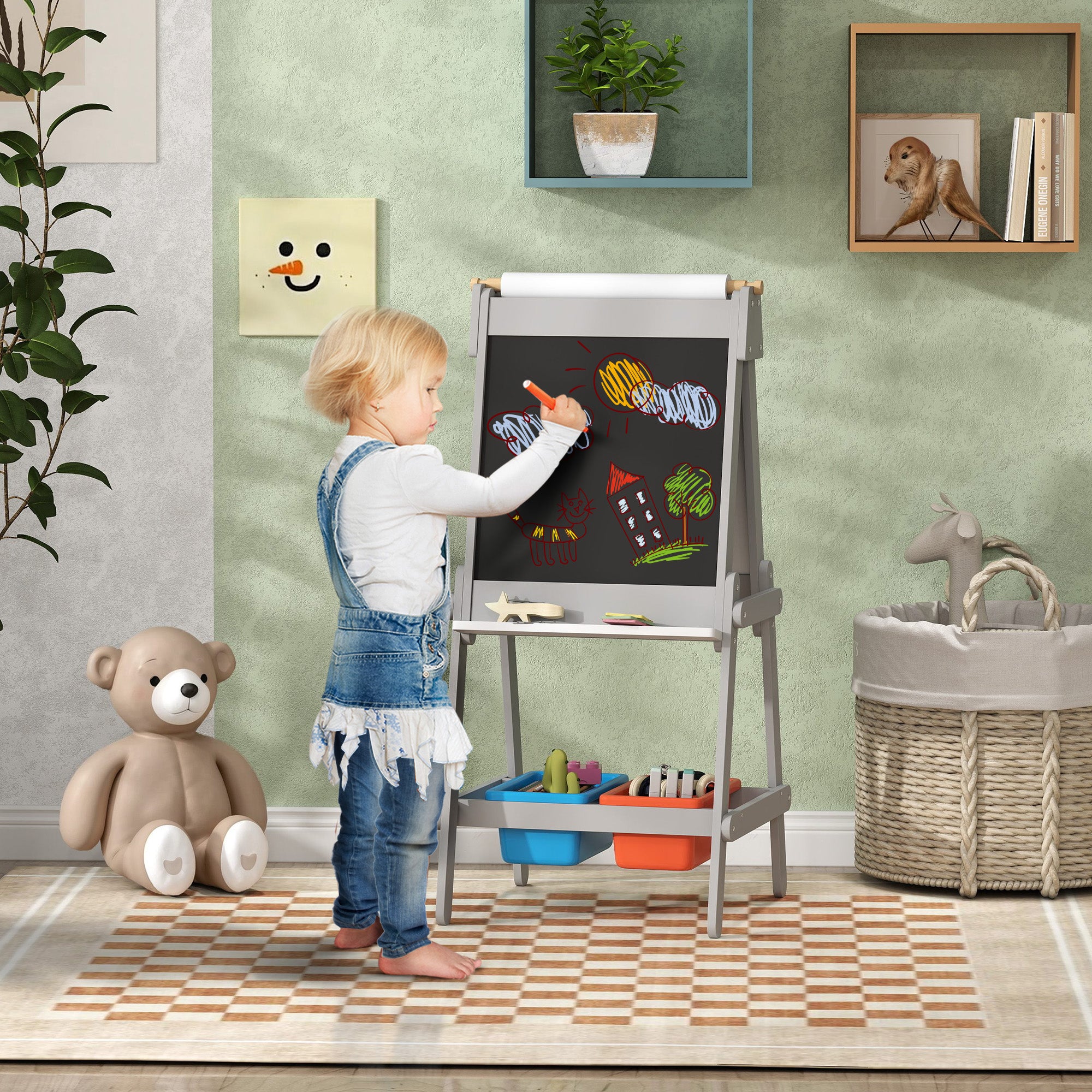 Easel for Kids, Art Easel w/ Paper Roll, Double Sided Whiteboard & Chalkboard with 2 Storage Boxes