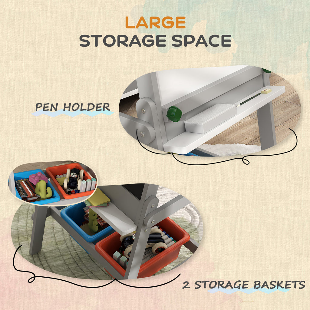 Easel for Kids, Art Easel w/ Paper Roll, Double Sided Whiteboard & Chalkboard with 2 Storage Boxes